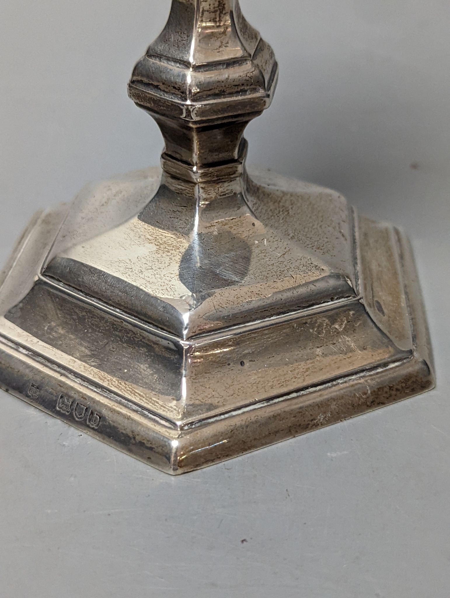 A late Victorian silver hexagonal candlestick, Thomas Bradbury & Sons, London, 1897, 17.3cm, weighted.